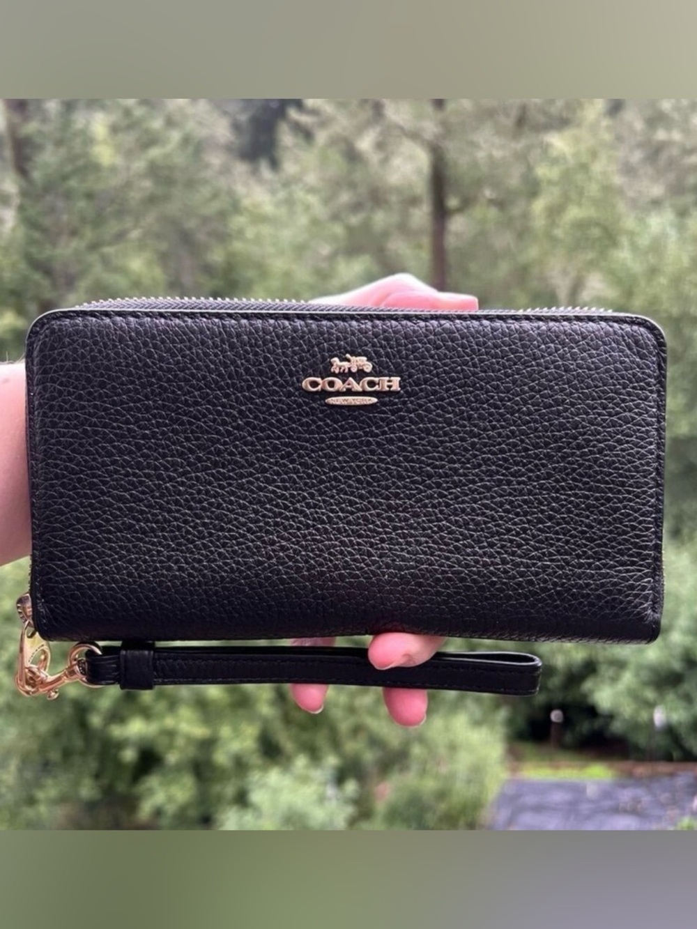 COACH Black Leather Phone Wallet Wristlet with Gold Hardware AUTHENTIC